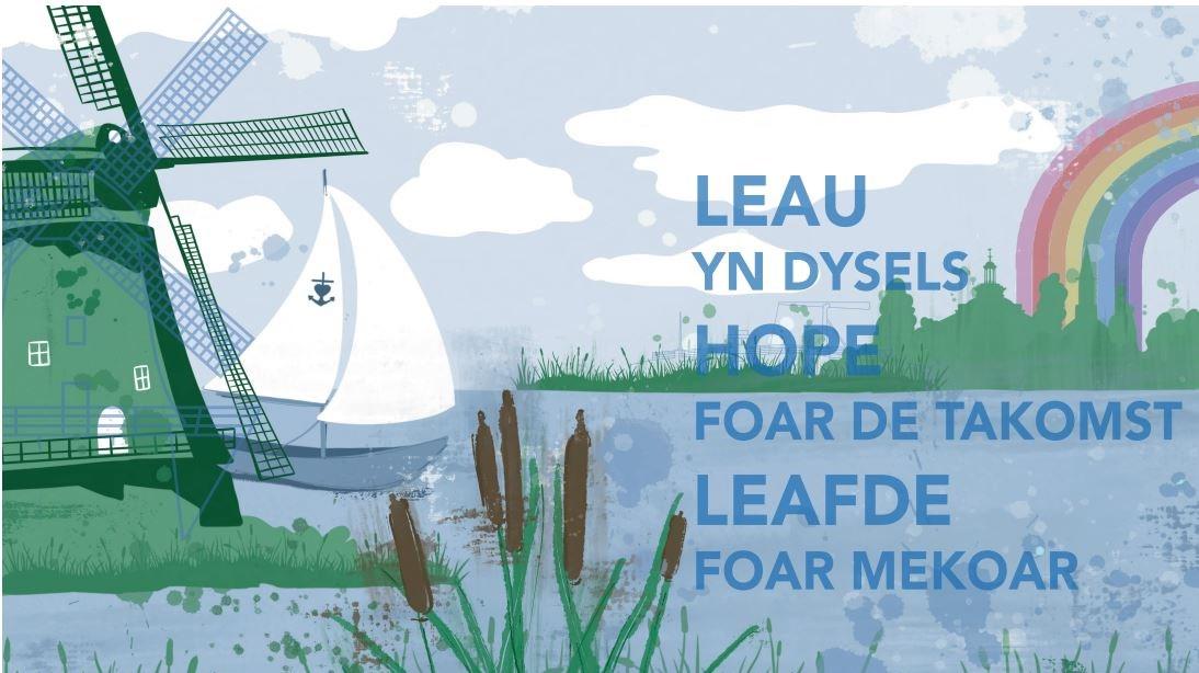 Afbeelding met de tekst "Leau yn dysels, hope foar de takomst, leafde foar mekaar" van Basisschool Tusken de Marren in Woudsend. Afbeelding met de tekst "Leau yn dysels, hope foar de takomst, leafde foar mekaar" van Basisschool Tusken de Marren in Woudsend.