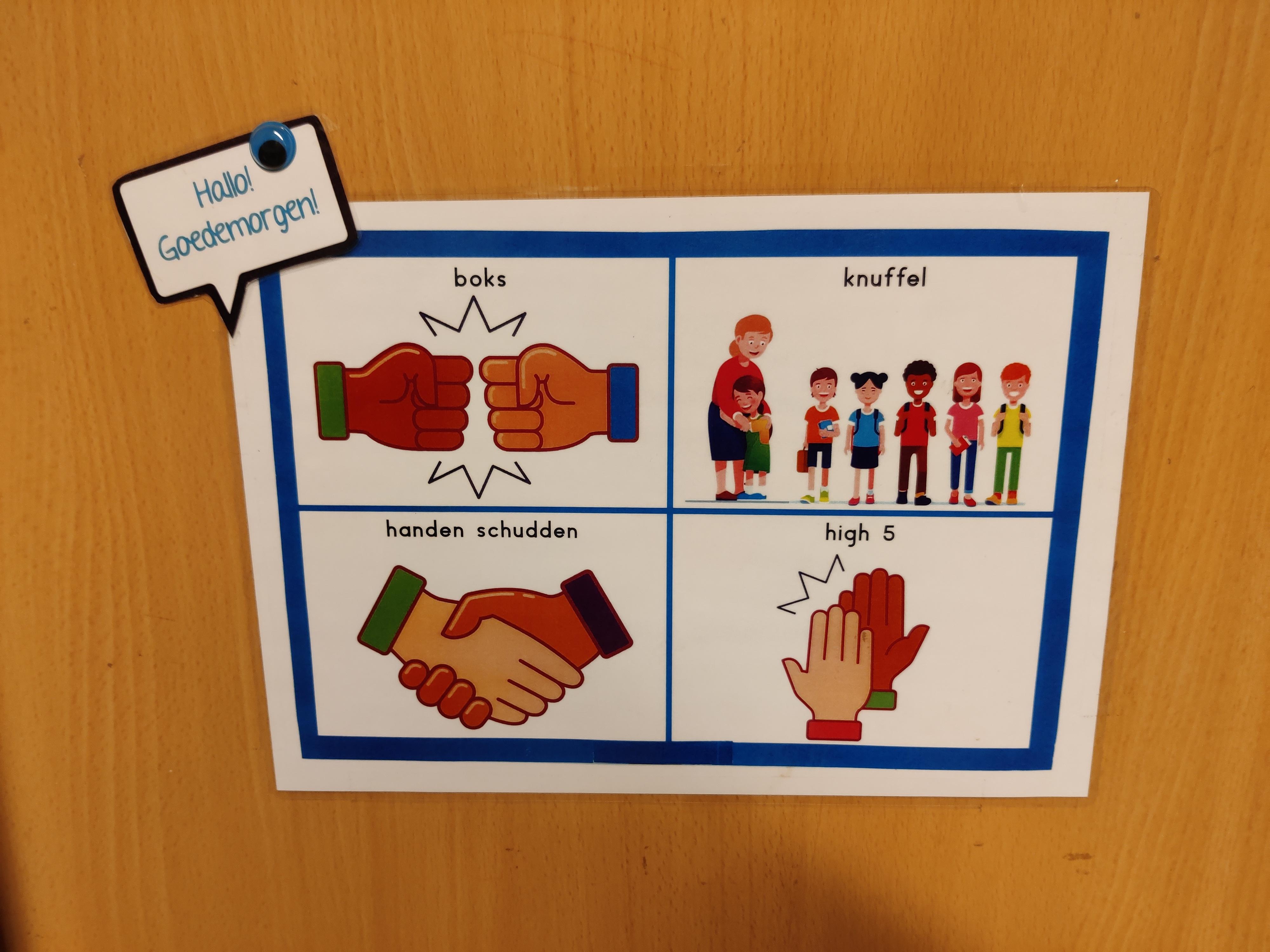 Afbeelding van begroetingspraktijken zoals boks, handen schudden, knuffel en high five op de deur van Hugo de Grootschool in Arnhem. Afbeelding van begroetingspraktijken zoals boks, handen schudden, knuffel en high five op de deur van Hugo de Grootschool in Arnhem.
