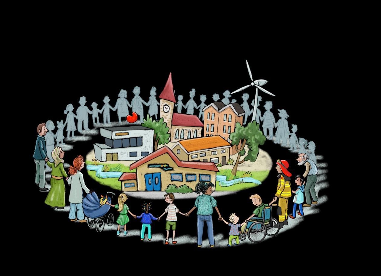 Afbeelding van de Dr EA Borgerschool in Joure, met diverse karakterfiguren die samenkomen in een levendige gemeenschap. Afbeelding van de Dr EA Borgerschool in Joure, met diverse karakterfiguren die samenkomen in een levendige gemeenschap.