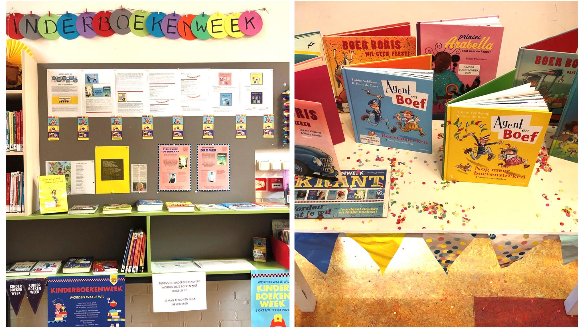 Afbeelding van de Kinderboekenweek op Basisschool Groen van Prinsterer in Urk, met uitgelichte boeken en speelse decoraties. Afbeelding van de Kinderboekenweek op Basisschool Groen van Prinsterer in Urk, met uitgelichte boeken en speelse decoraties.