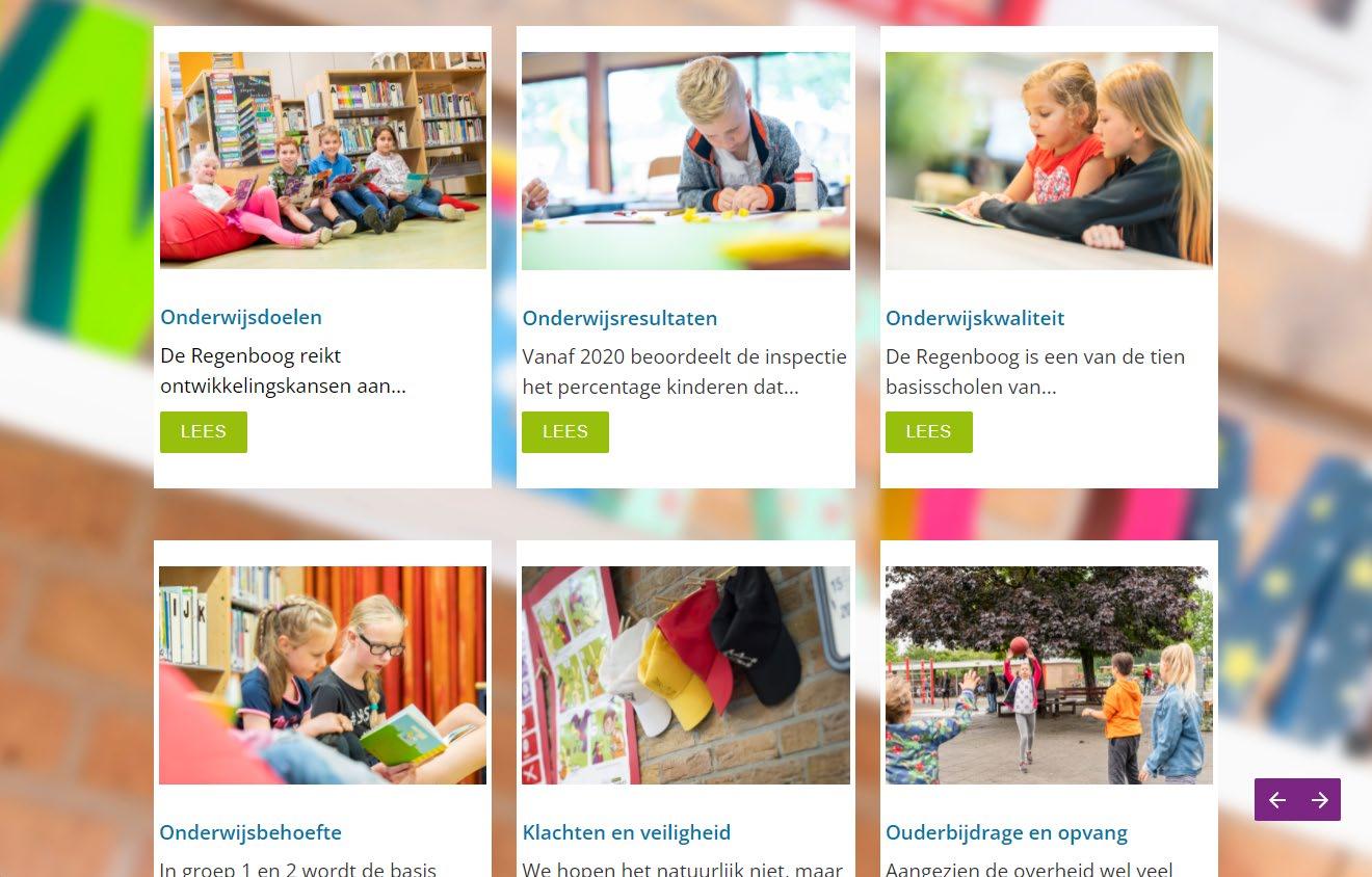 Afbeelding van de website van Protestants Christelijke Basisschool De Regenboog in Zeewolde, met verschillende onderwijsinformatie. Afbeelding van de website van Protestants Christelijke Basisschool De Regenboog in Zeewolde, met verschillende onderwijsinformatie.