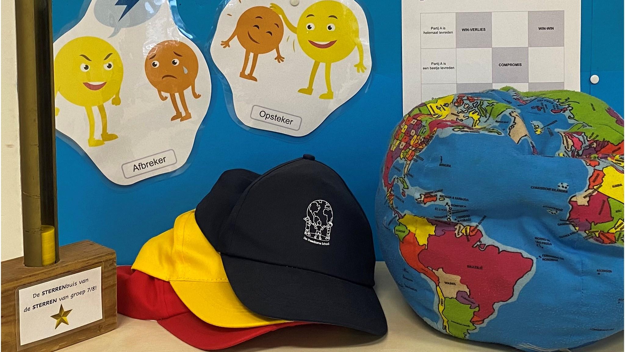 Afbeelding van diverse hoeden en een globe, met ondersteunende materialen voor leerlingen van basisschool Sterrenpad 't Ven in Venlo.