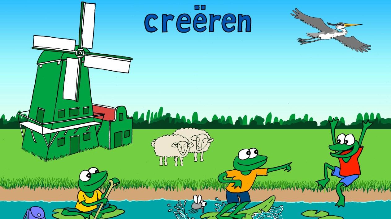 Afbeelding van het schoolplein van Openbare Basisschool De Kroosduiker in Westzaan, met vrolijke kikkers en een molen. Afbeelding van het schoolplein van Openbare Basisschool De Kroosduiker in Westzaan, met vrolijke kikkers en een molen.