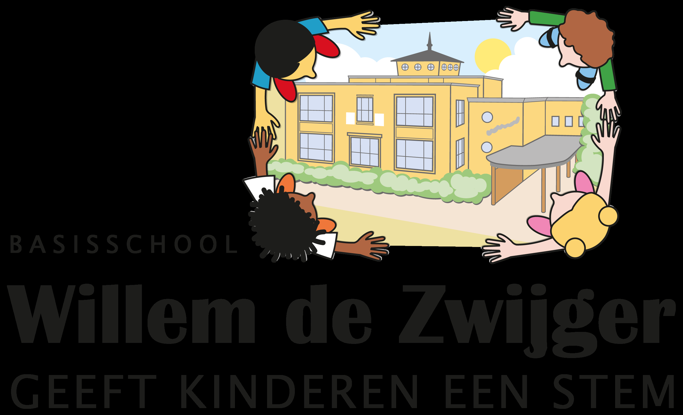 Basisschool Willem de Zwijger in Roermond, met een kleurrijke tekening van kinderen die het schoolgebouw omarmen. Basisschool Willem de Zwijger in Roermond, met een kleurrijke tekening van kinderen die het schoolgebouw omarmen.