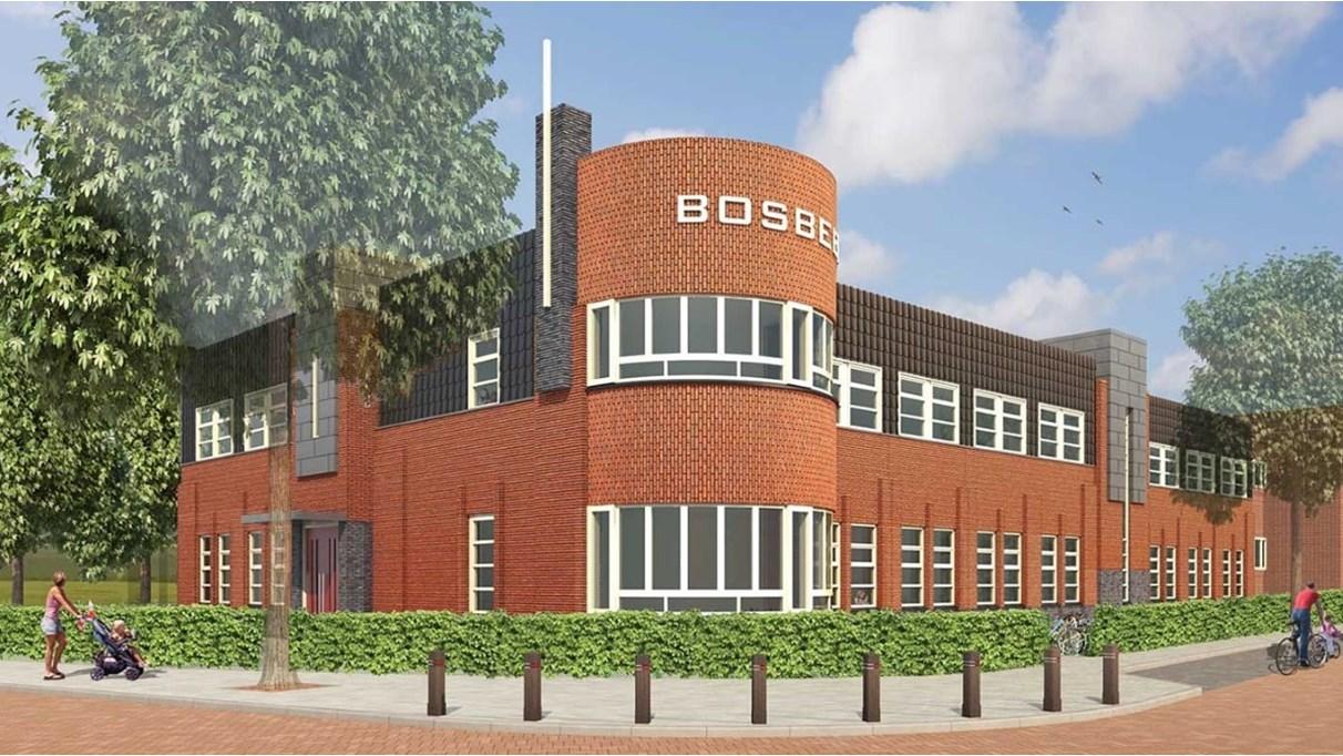 Bosbeekschool in Santpoort-Noord, met een modern gebouw omgeven door groen. Bosbeekschool in Santpoort-Noord, met een modern gebouw omgeven door groen.