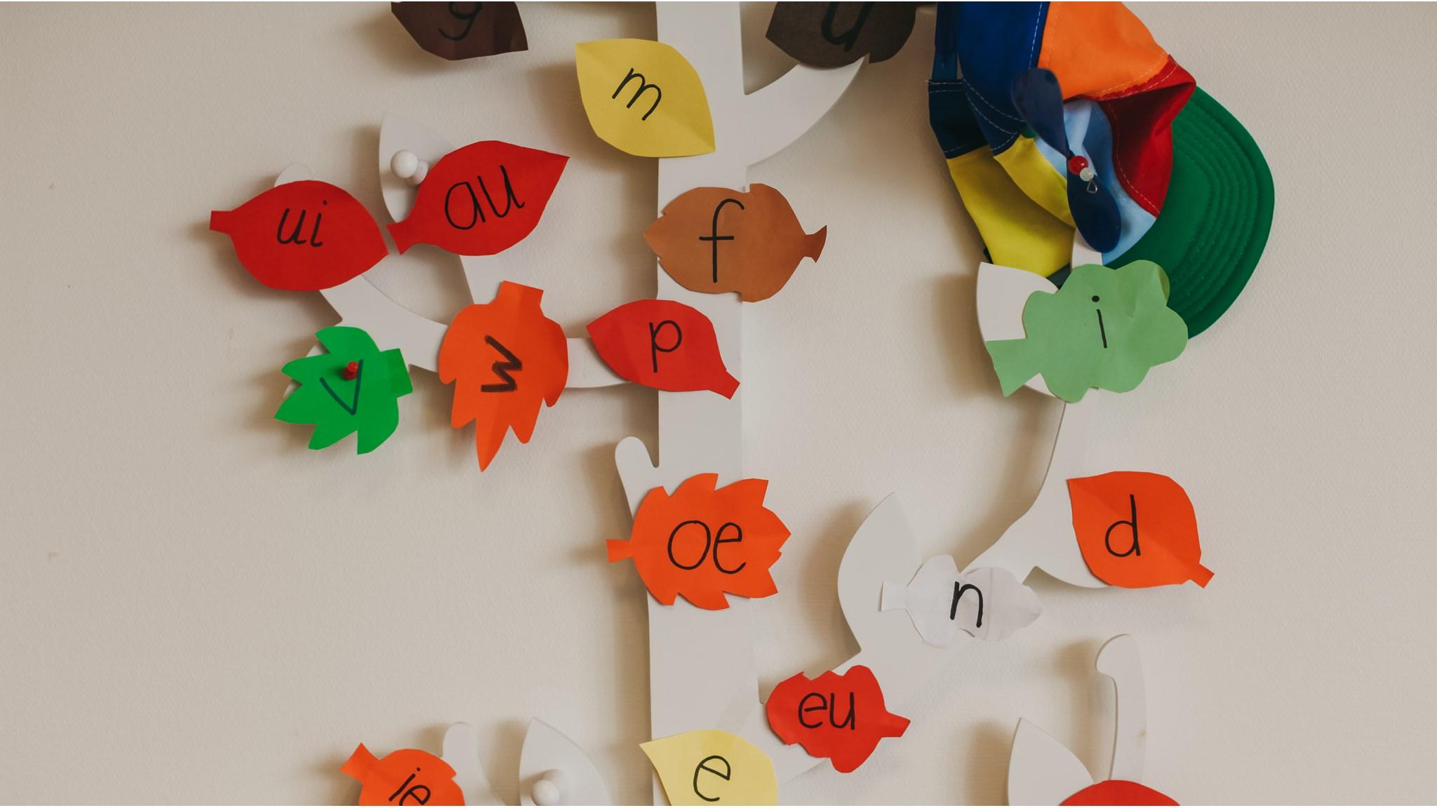 Creatieve kleurrijke letters en vormen hangen aan de muur van Openbare Basisschool De Zeemeeuw in Breskens. Creatieve kleurrijke letters en vormen hangen aan de muur van Openbare Basisschool De Zeemeeuw in Breskens.