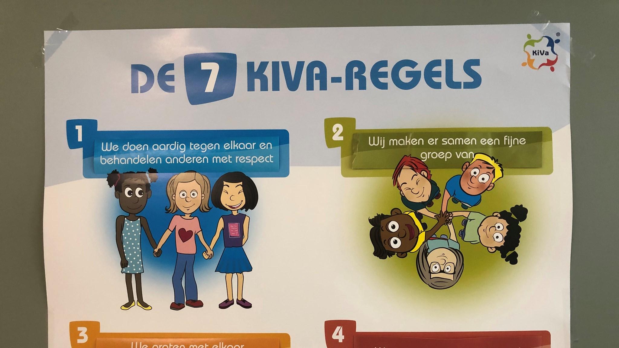 De afbeelding toont de 7 KIVA-regels voor CBS de Hoeksteen in Hoogezand, met nadruk op vriendelijkheid en samenwerking. De afbeelding toont de 7 KIVA-regels voor CBS de Hoeksteen in Hoogezand, met nadruk op vriendelijkheid en samenwerking.