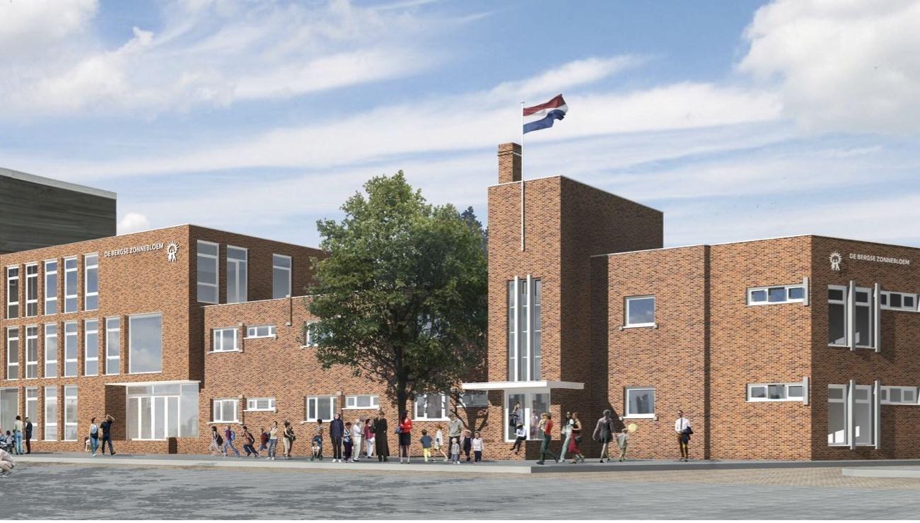De Bergse Zonnebloem in Rotterdam, met leerlingen en ouders bij de ingang van de school. De Bergse Zonnebloem in Rotterdam, met leerlingen en ouders bij de ingang van de school.