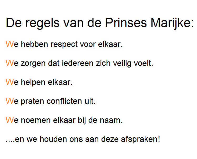 De regels van de Prinses Marijkeschool in Den Haag voor een respectvolle en veilige schoolomgeving. De regels van de Prinses Marijkeschool in Den Haag voor een respectvolle en veilige schoolomgeving.