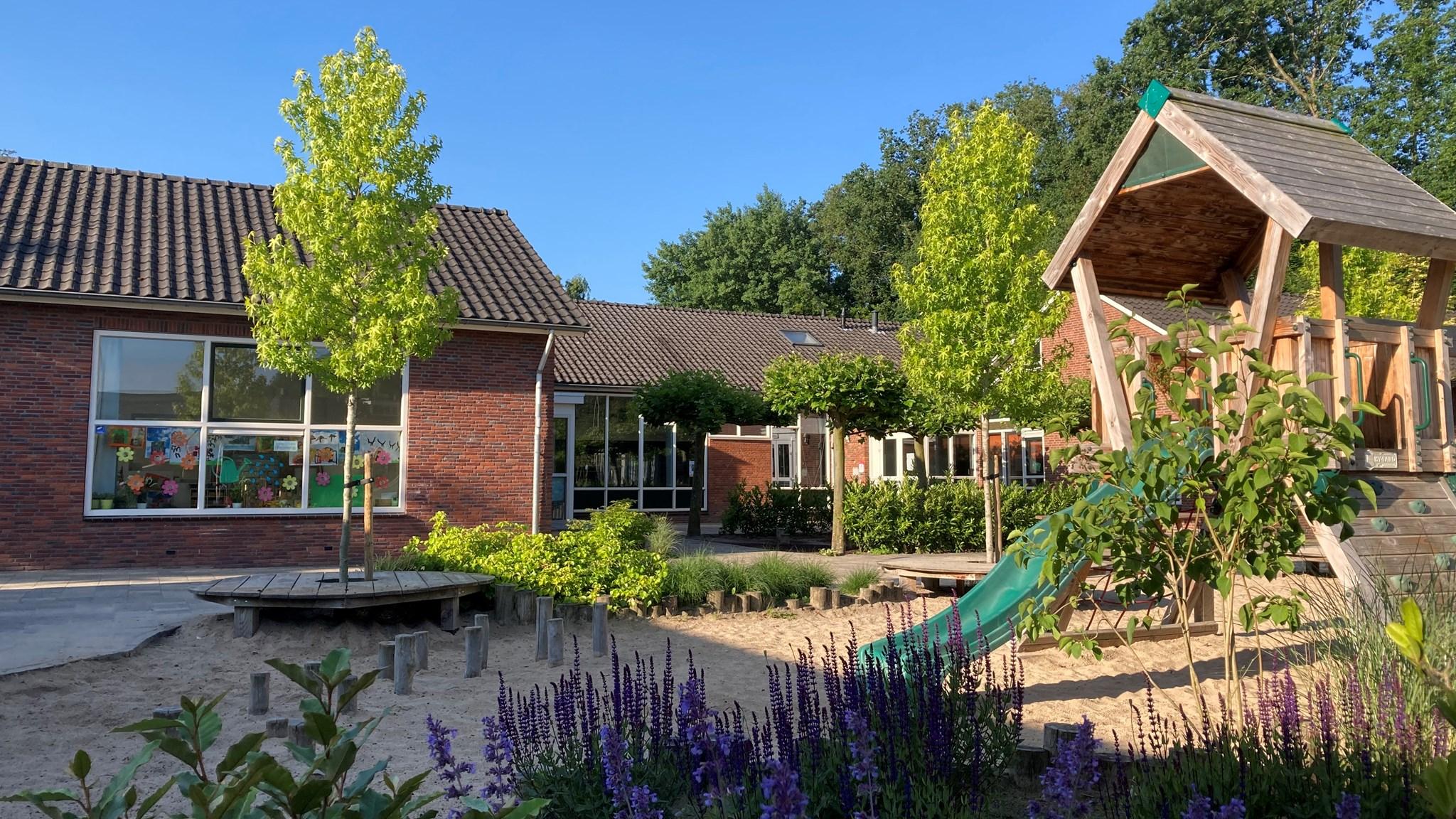 De speelplaats van Protestants Christelijke Basisschool De Regenboog in Lemelerveld met een houten speeltoestel en groene bomen. De speelplaats van Protestants Christelijke Basisschool De Regenboog in Lemelerveld met een houten speeltoestel en groene bomen.