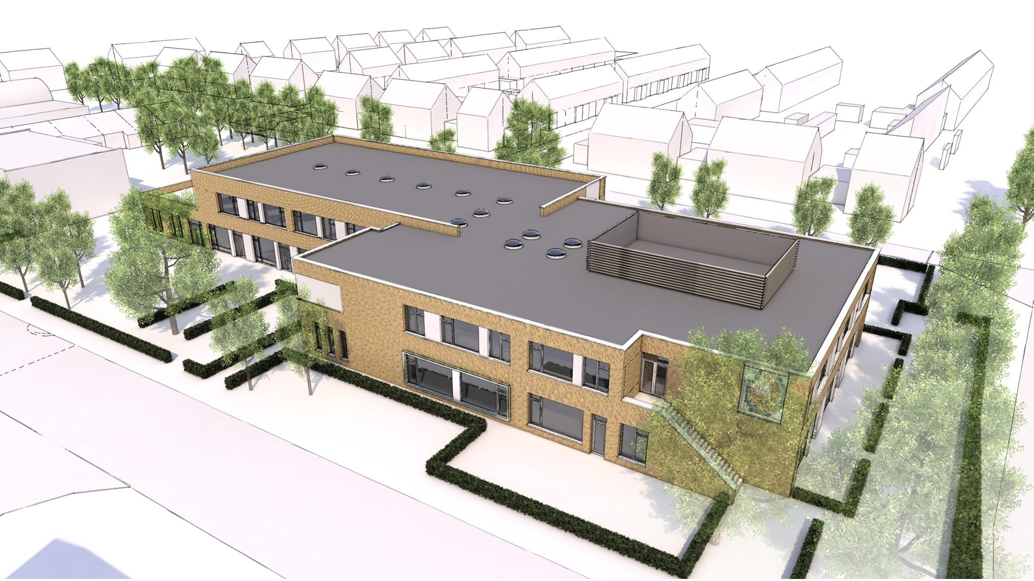 Dit is een ontwerp van de nieuwe schoolgebouwen van Kbs De Griffioen in Prinsenbeek, omgeven door groene ruimtes en bomen. Dit is een ontwerp van de nieuwe schoolgebouwen van Kbs De Griffioen in Prinsenbeek, omgeven door groene ruimtes en bomen.
