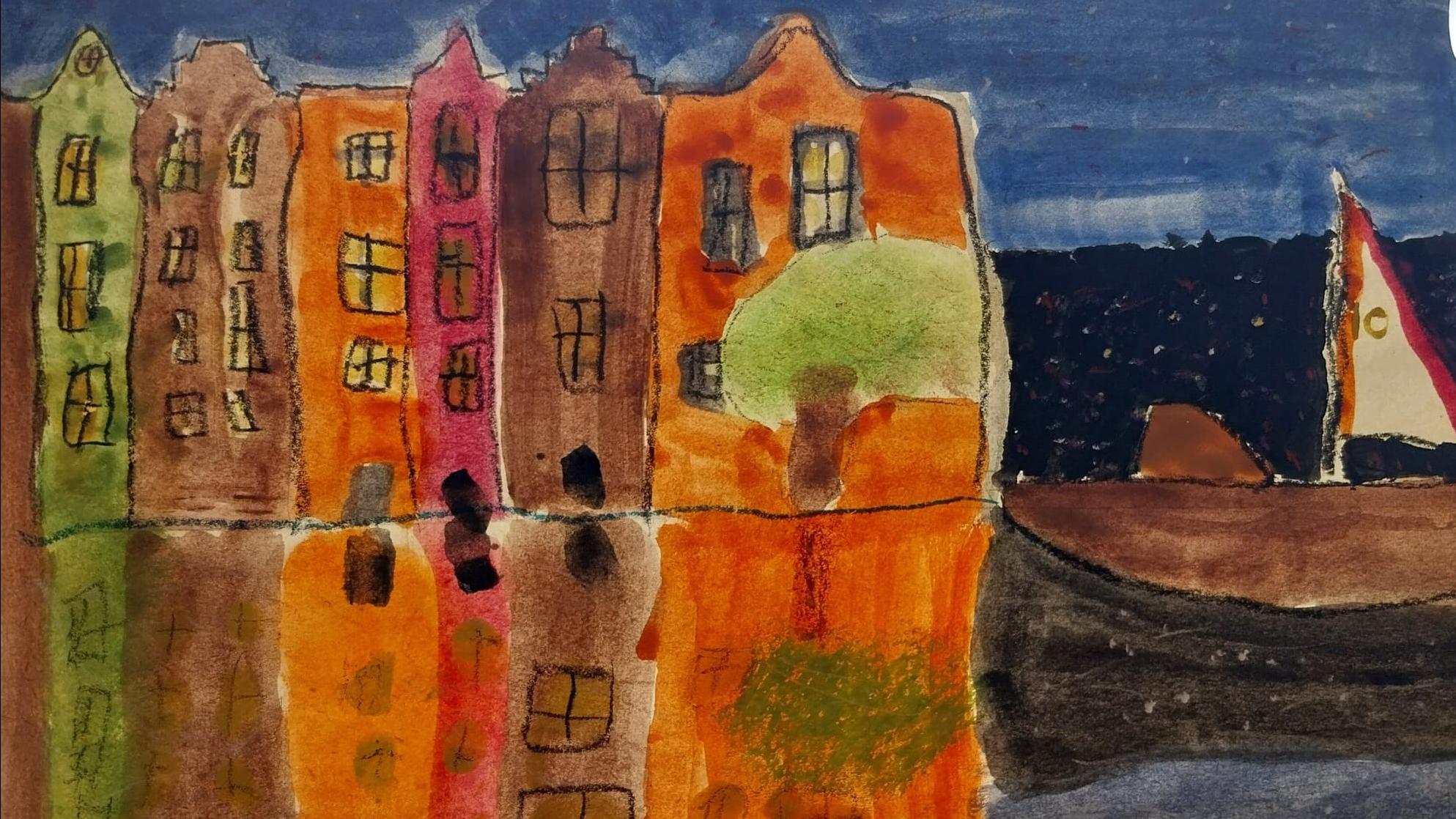 Dit is een schilderij van gevels met kleurrijke huizen, gemaakt door leerlingen van de Joop en Willy Westerweel School in Amsterdam. Dit is een schilderij van gevels met kleurrijke huizen, gemaakt door leerlingen van de Joop en Willy Westerweel School in Amsterdam.