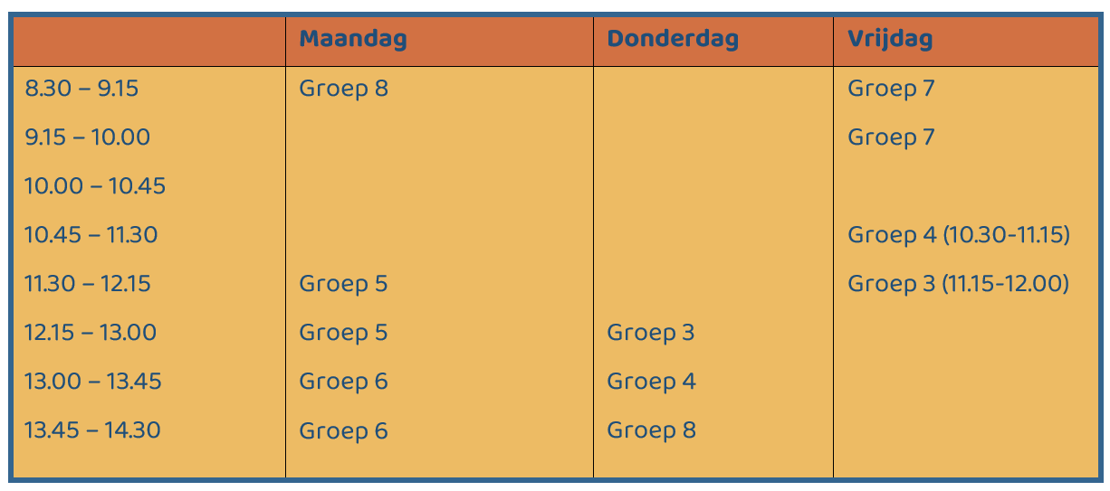 Dit is het lesrooster van De Leeuwerik in Rutten met de groepsindeling voor maandag, donderdag en vrijdag.