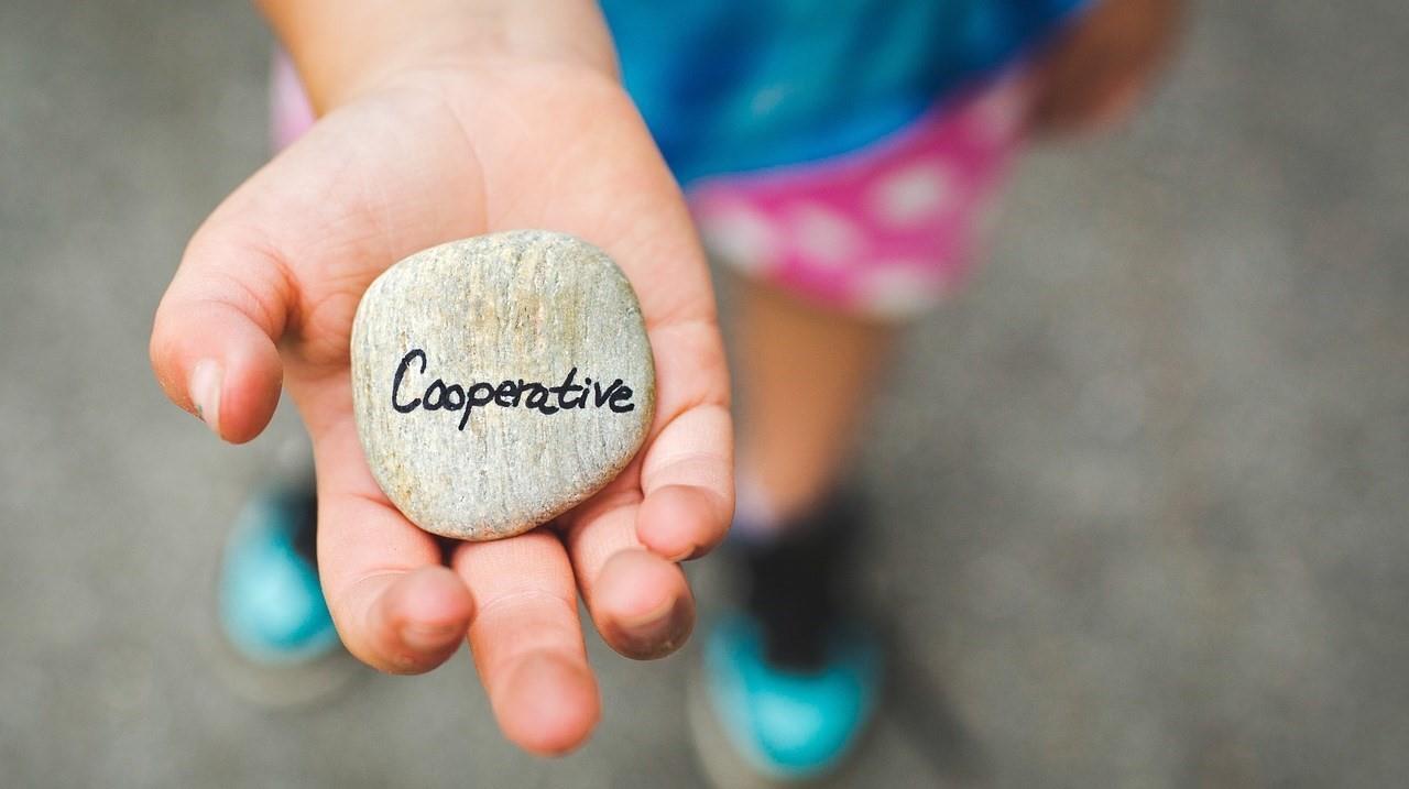 Een hand houdt een steen met het woord "Coöperatief" vast op het schoolplein van Basisschool De Regenboog in Schaijk. Een hand houdt een steen met het woord "Coöperatief" vast op het schoolplein van Basisschool De Regenboog in Schaijk.
