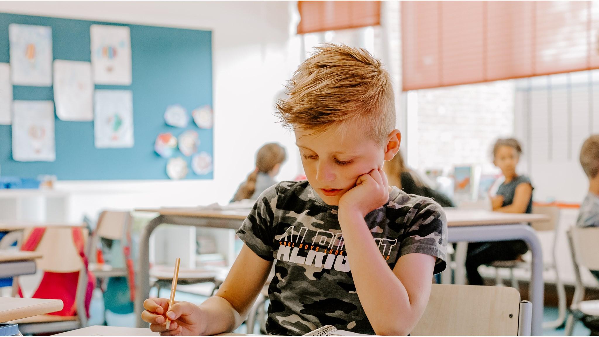 Een jongen in de klas van de Prinses Marijkeschool in Axel maakt aandachtig aantekeningen. Een jongen in de klas van de Prinses Marijkeschool in Axel maakt aandachtig aantekeningen.