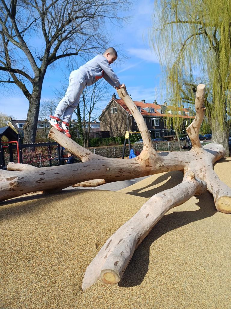 Een jongen klimt op een boomstronk op het schoolplein van A Willeboerschool in Rotterdam. Een jongen klimt op een boomstronk op het schoolplein van A Willeboerschool in Rotterdam.