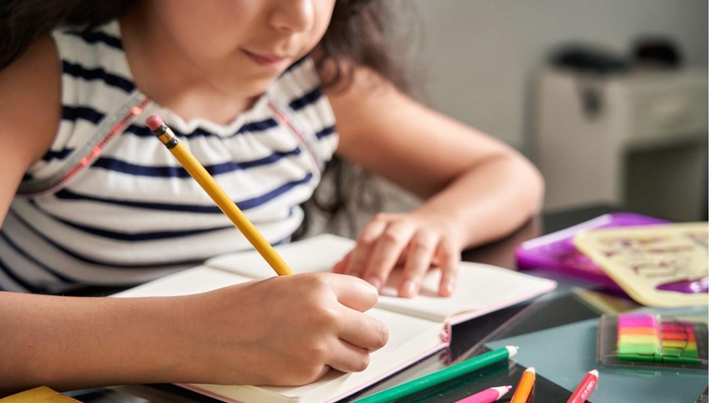 Een jongen schrijft in een notitieboek tijdens een les op Basisschool Albert Schweitzer in Didam. Een jongen schrijft in een notitieboek tijdens een les op Basisschool Albert Schweitzer in Didam.