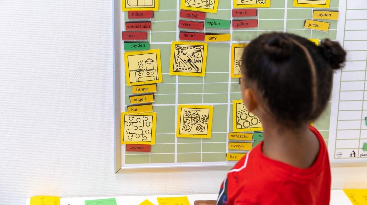 Een kind bekijkt het vakkenbord met activiteiten op de Johannesschool in Arnhem. Een kind bekijkt het vakkenbord met activiteiten op de Johannesschool in Arnhem.