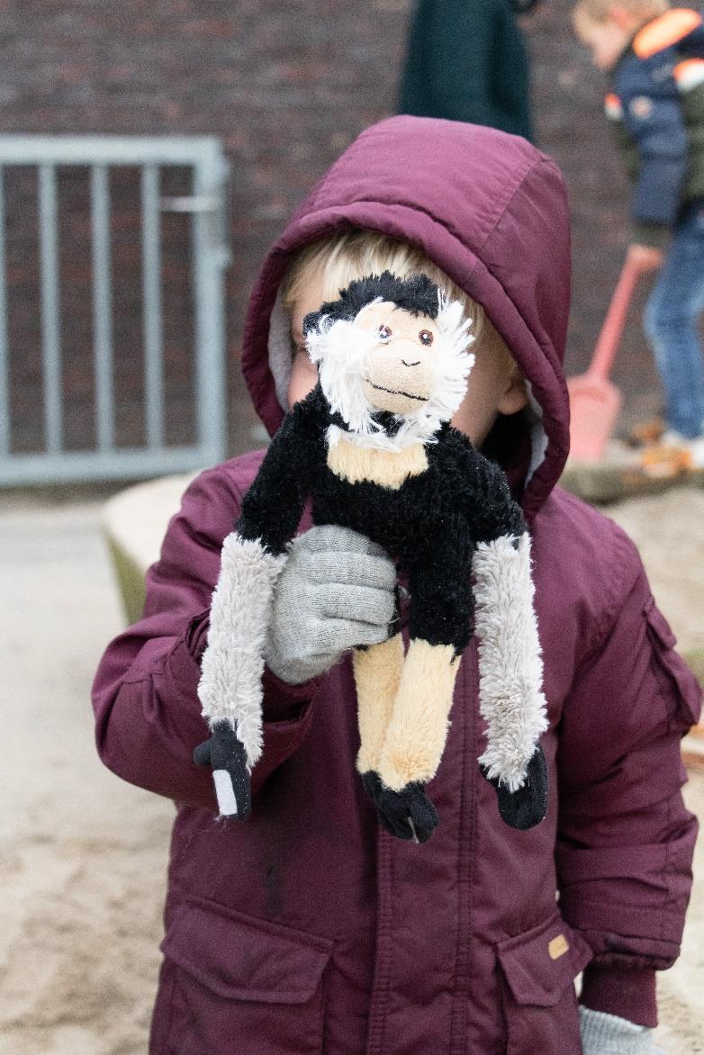 Een kind houdt een speelgoed aap vast op het schoolplein van OEC.Basisschool De Kubus in Zwolle. Een kind houdt een speelgoed aap vast op het schoolplein van OEC.Basisschool De Kubus in Zwolle.