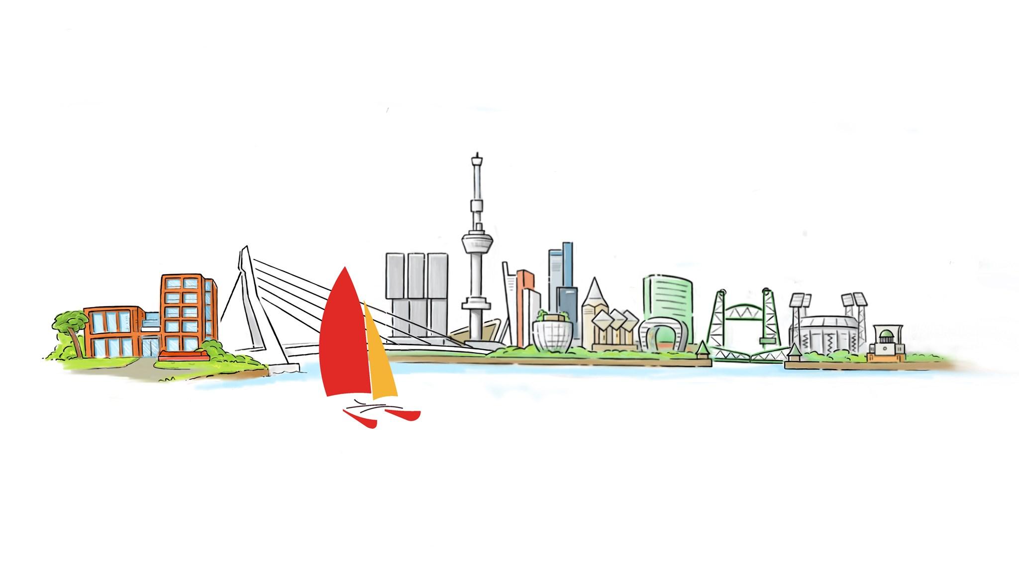 Een kleurrijke illustratie van de skyline van Rotterdam met de school 'De Catamaran' in het vooraanzicht. Een kleurrijke illustratie van de skyline van Rotterdam met de school 'De Catamaran' in het vooraanzicht.