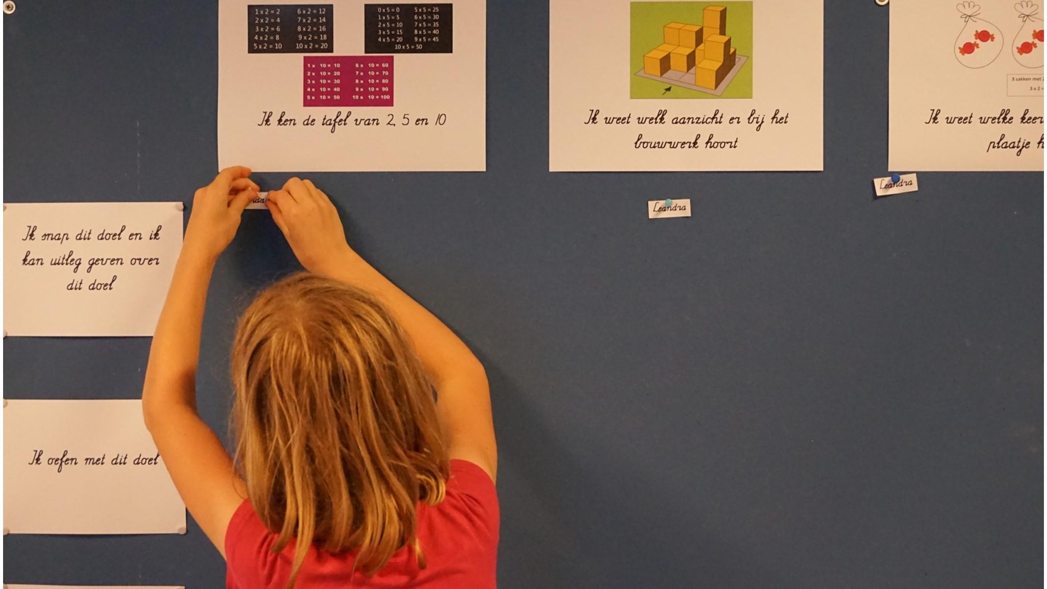 Een leerling plakt een doelstelling aan het bord in Montessori Basisschool De Kosmos in Hoogland. Een leerling plakt een doelstelling aan het bord in Montessori Basisschool De Kosmos in Hoogland.