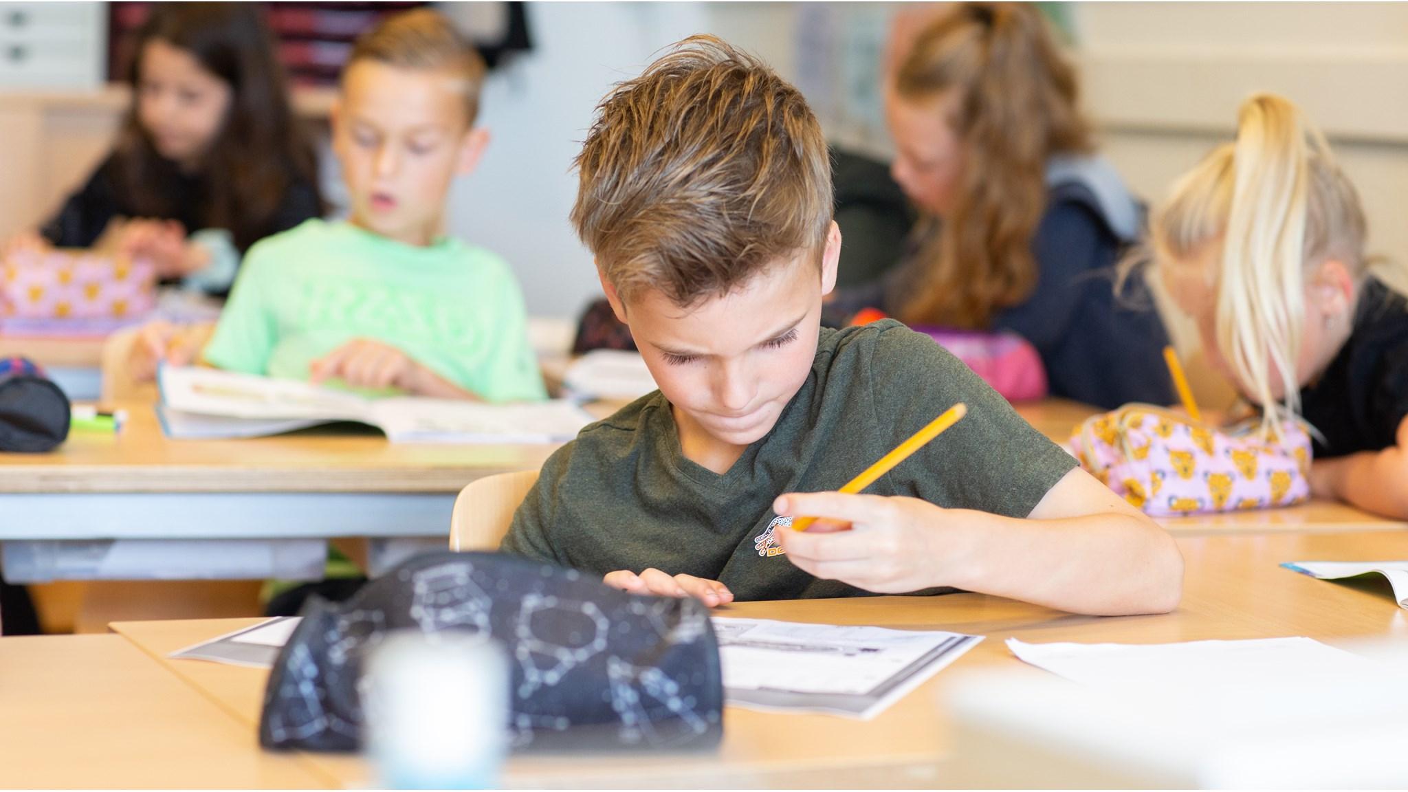 Een leerling van Basisschool 't Kwekkeveld in Schijndel is geconcentreerd aan het werken aan zijn schoolwerk.