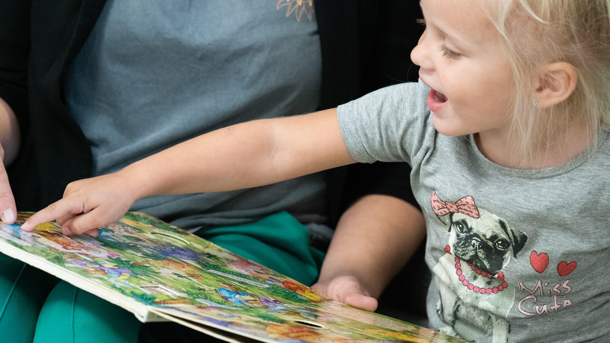 Een leerling van Openbare Basisschool De Triolier in Budel wijst enthousiast naar een kleurrijk prentenboek. Een leerling van Openbare Basisschool De Triolier in Budel wijst enthousiast naar een kleurrijk prentenboek.