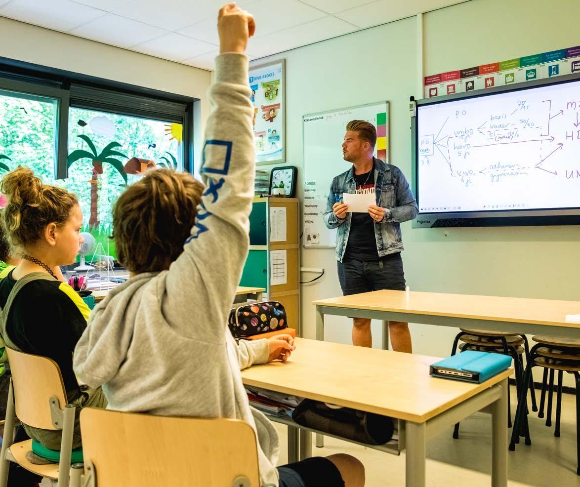 Een leraar staat voor een klas met leerlingen op de Lorentzschool in Leiden, terwijl een leerling zijn hand opsteekt. Een leraar staat voor een klas met leerlingen op de Lorentzschool in Leiden, terwijl een leerling zijn hand opsteekt.