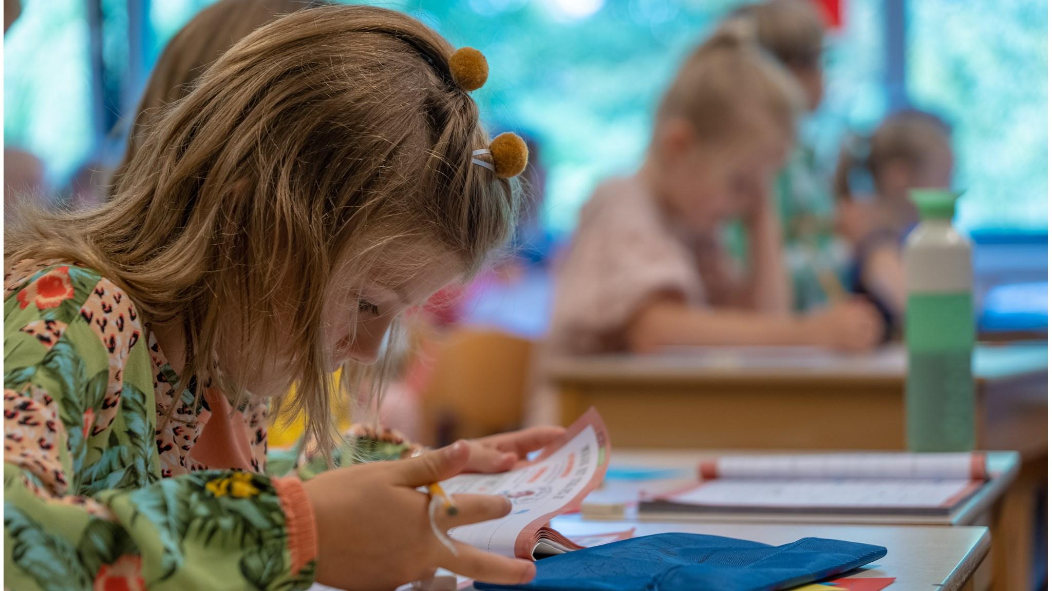 Een meisje aan het werk met een boek in de klas van De Zonnewijzer in Dronten. Een meisje aan het werk met een boek in de klas van De Zonnewijzer in Dronten.