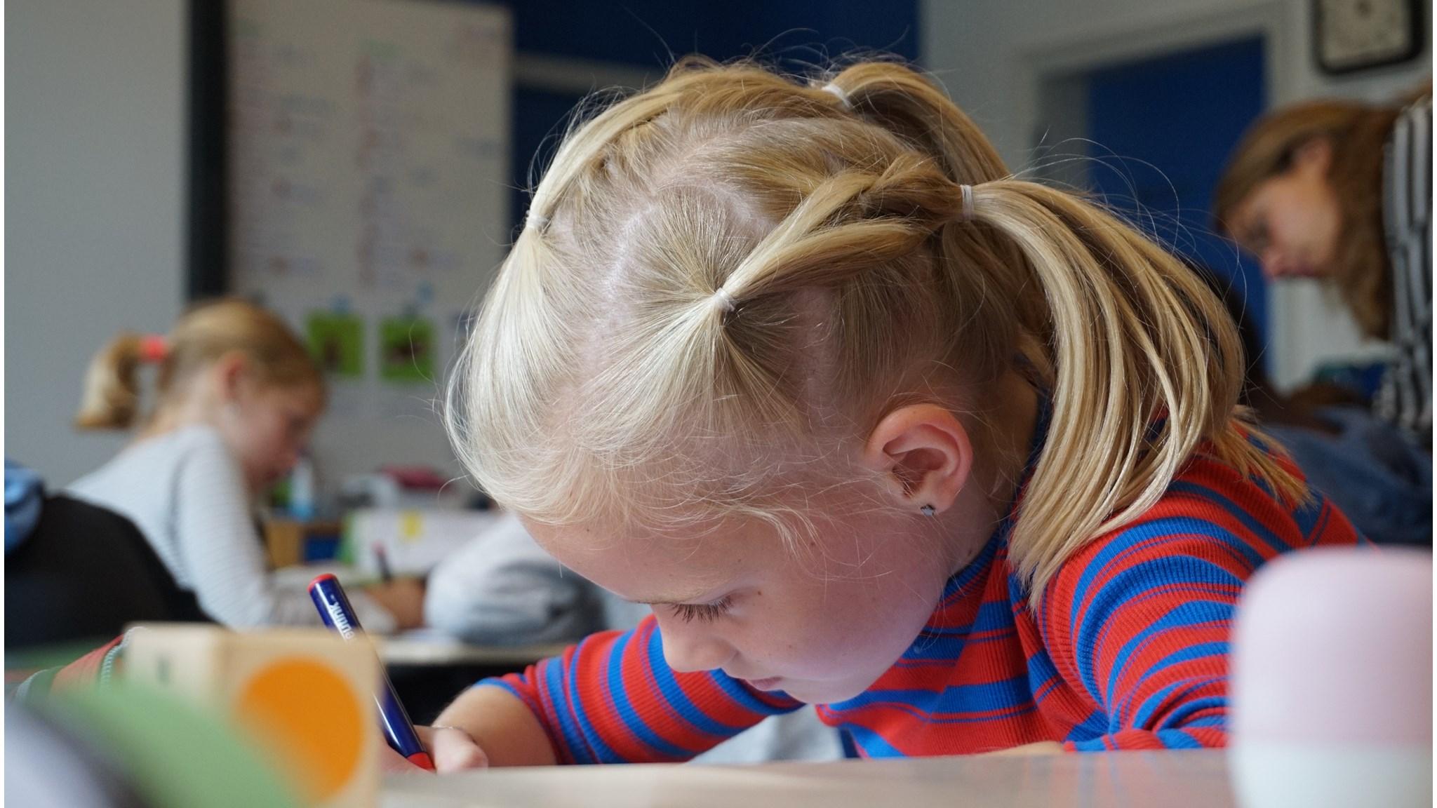 Een meisje in de klas van de Bonnerschool in Gieten is geconcentreerd aan het schrijven. Een meisje in de klas van de Bonnerschool in Gieten is geconcentreerd aan het schrijven.