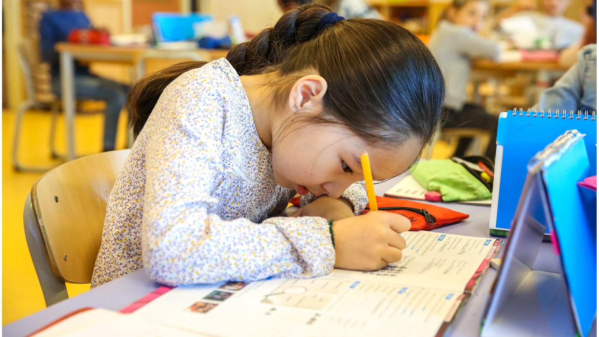 Een meisje is geconcentreerd aan het schrijven tijdens de les op Basisschool De Windroos in Valkenswaard. Een meisje is geconcentreerd aan het schrijven tijdens de les op Basisschool De Windroos in Valkenswaard.