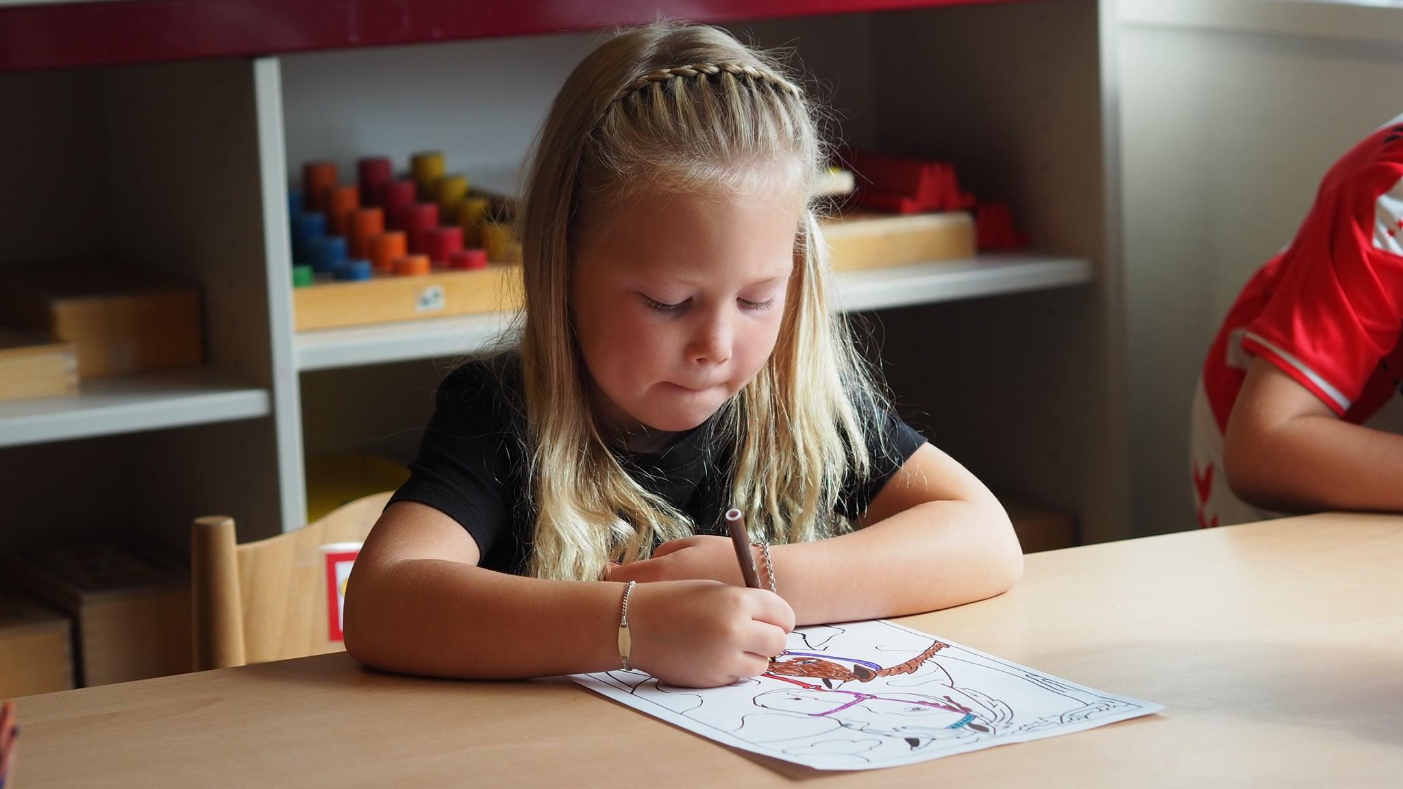 Een meisje kleurt geconcentreerd een tekening in PCBS Het Mozaïek in Hollandscheveld. Een meisje kleurt geconcentreerd een tekening in PCBS Het Mozaïek in Hollandscheveld.