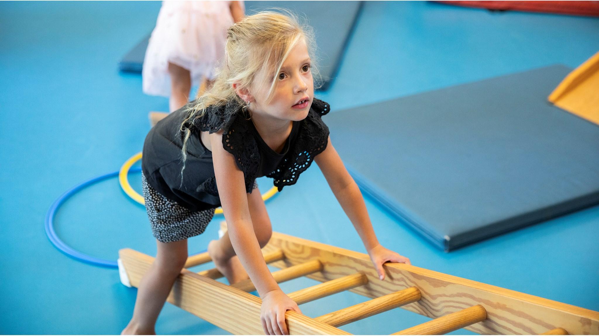Een meisje klimt op een houten klimrek in de gymzaal van CBS De Duif in Spijkenisse. Een meisje klimt op een houten klimrek in de gymzaal van CBS De Duif in Spijkenisse.