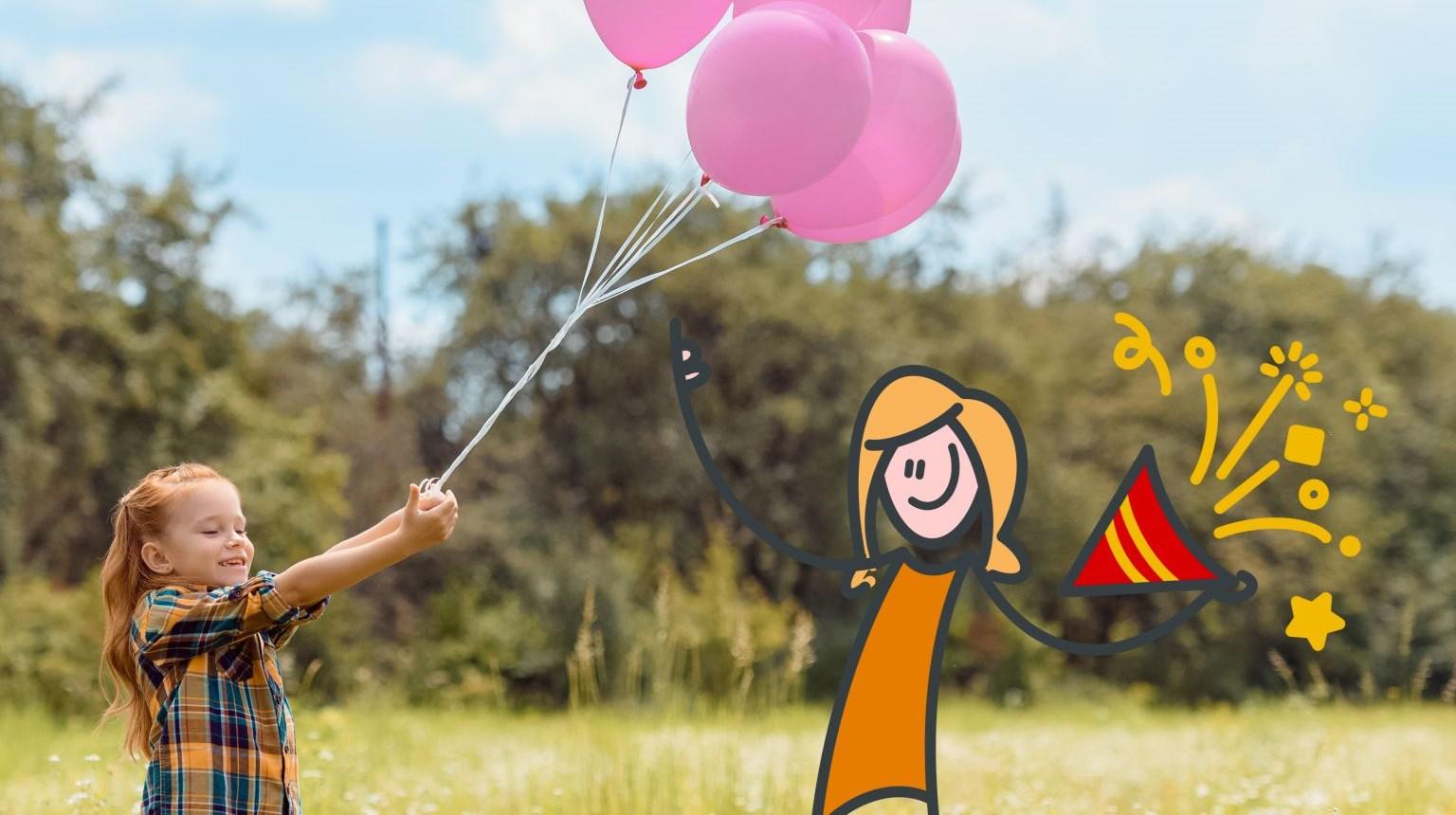 Een meisje met roze ballonnen viert een feestje op het schoolplein van WereldKidz Mozaïek Petenbos in Veenendaal. Een meisje met roze ballonnen viert een feestje op het schoolplein van WereldKidz Mozaïek Petenbos in Veenendaal.
