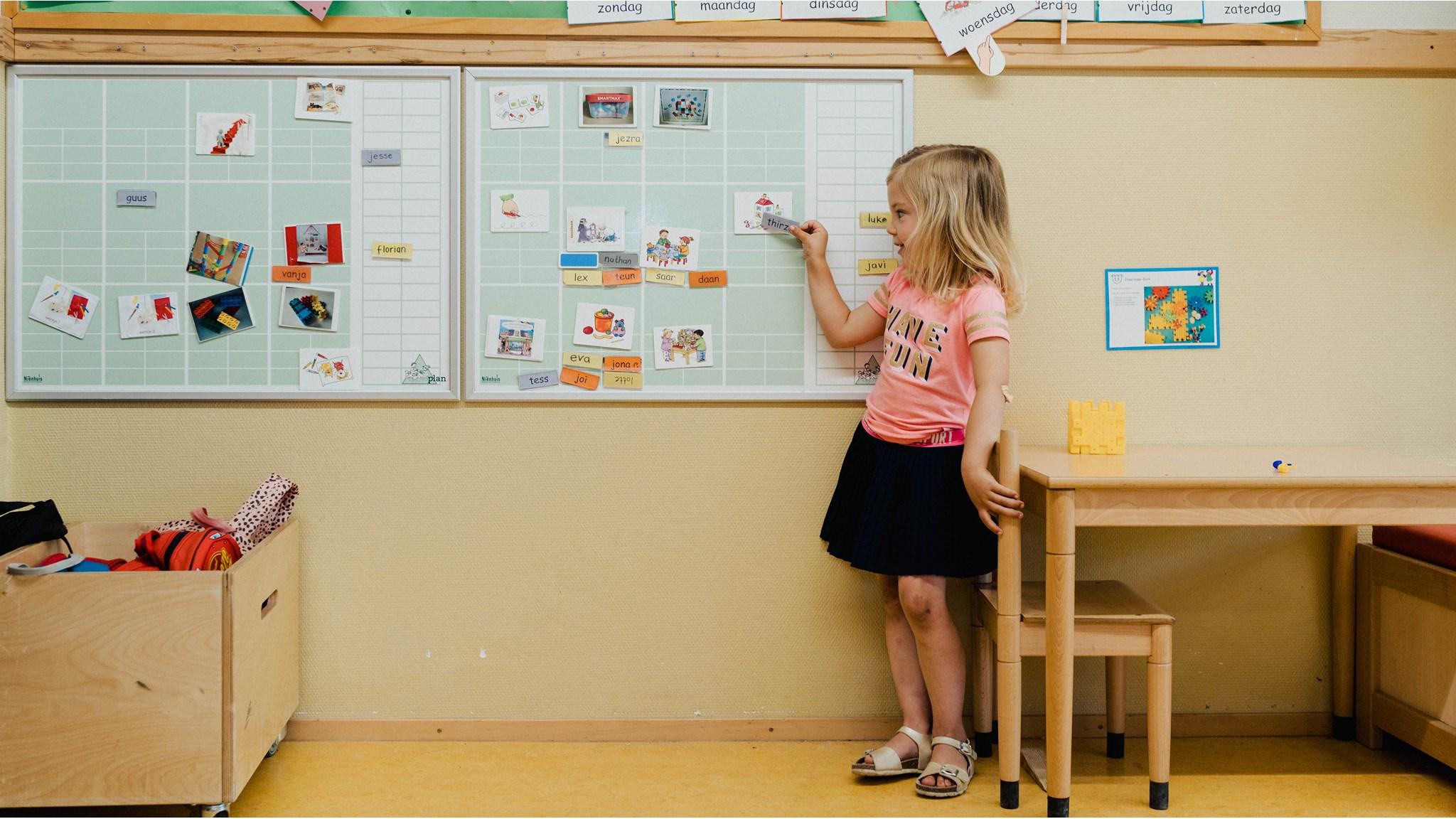 Een meisje staat bij een bord in de klas van Basisschool Prins Willem-Alexander in Waarder. Een meisje staat bij een bord in de klas van Basisschool Prins Willem-Alexander in Waarder.