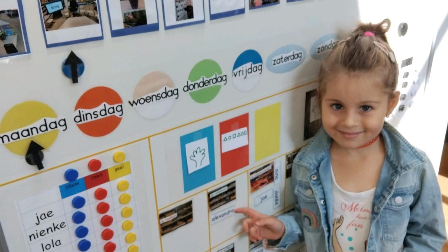 Een meisje wijst naar een bord met de dagen van de week en activiteiten op PCBO De Diamant Beemte in Beemte Broekland. Een meisje wijst naar een bord met de dagen van de week en activiteiten op PCBO De Diamant Beemte in Beemte Broekland.
