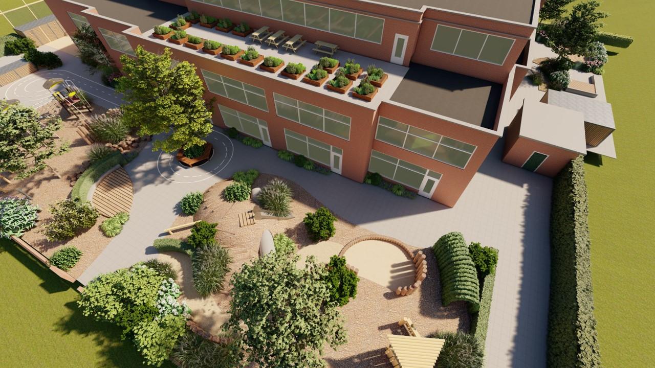 Een overzicht van het schoolplein van de O.G. Heldringschool in Den Haag met diverse groene gebieden en speelvoorzieningen. Een overzicht van het schoolplein van de O.G. Heldringschool in Den Haag met diverse groene gebieden en speelvoorzieningen.