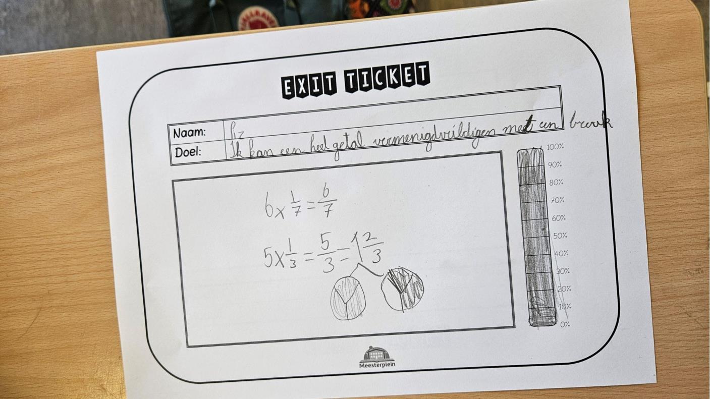 Exit ticket van een leerling van Basisschool De Triangel in Gulpen, met berekeningen en leerdoel.
