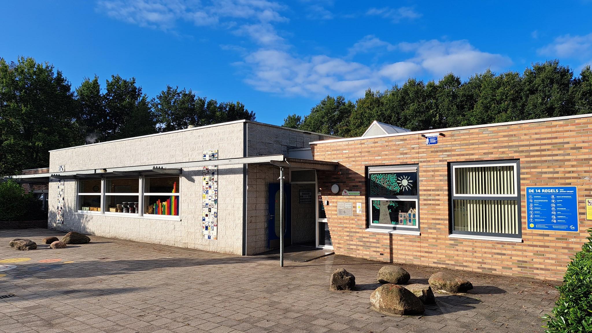 Foto van de voorzijde van basisschool obs Gieten in Gieten met een schoolplein en blauwe lucht. Foto van de voorzijde van basisschool obs Gieten in Gieten met een schoolplein en blauwe lucht.