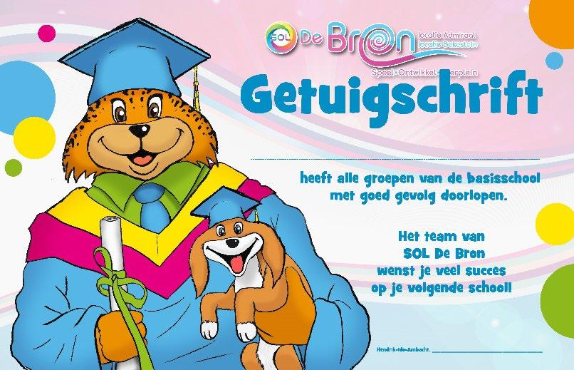 Getuigschrift van SOL De Bron in Hendrik-Ido-Ambacht met een feestelijk afgebeelde leeuw en hond. Getuigschrift van SOL De Bron in Hendrik-Ido-Ambacht met een feestelijk afgebeelde leeuw en hond.