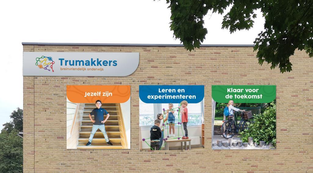 Gevel van Openbare Basisschool De Trumakkers in Heeze met illustraties van leerlingen die plezier hebben en leren. Gevel van Openbare Basisschool De Trumakkers in Heeze met illustraties van leerlingen die plezier hebben en leren.
