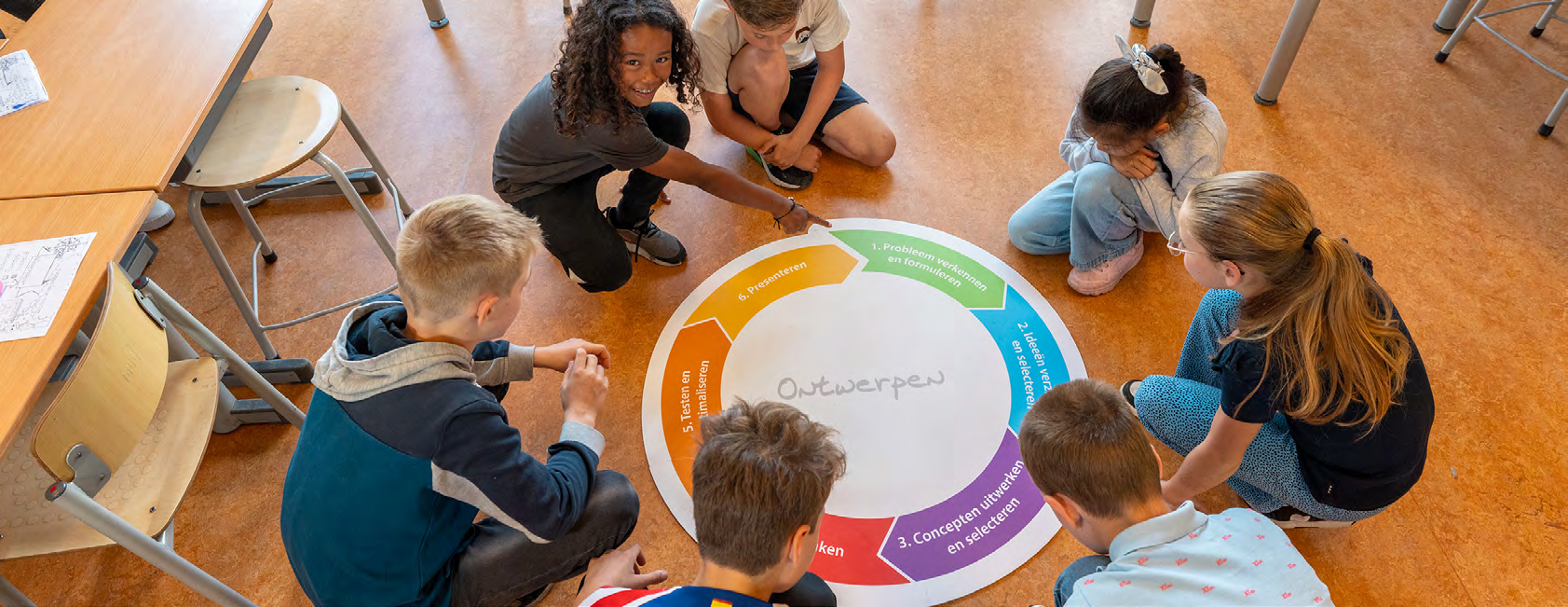 Groep kinderen van Het Spectrum in Rotterdam werkt samen aan een ontwerpactiviteit op de vloer. Groep kinderen van Het Spectrum in Rotterdam werkt samen aan een ontwerpactiviteit op de vloer.