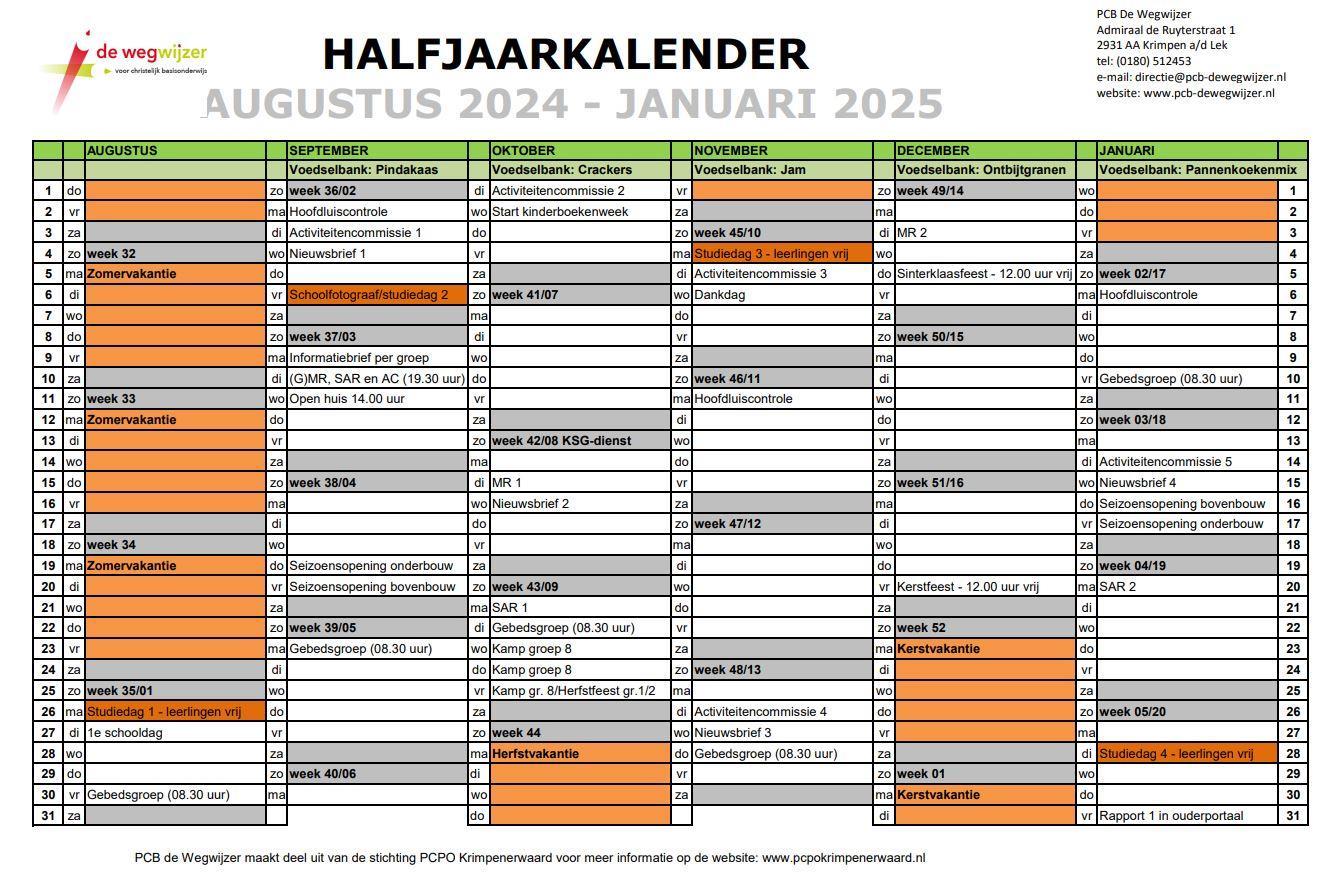 Halfjaarkalender van De Wegwijzer in Krimpen aan de Lek voor augustus 2024 tot januari 2025. Halfjaarkalender van De Wegwijzer in Krimpen aan de Lek voor augustus 2024 tot januari 2025.