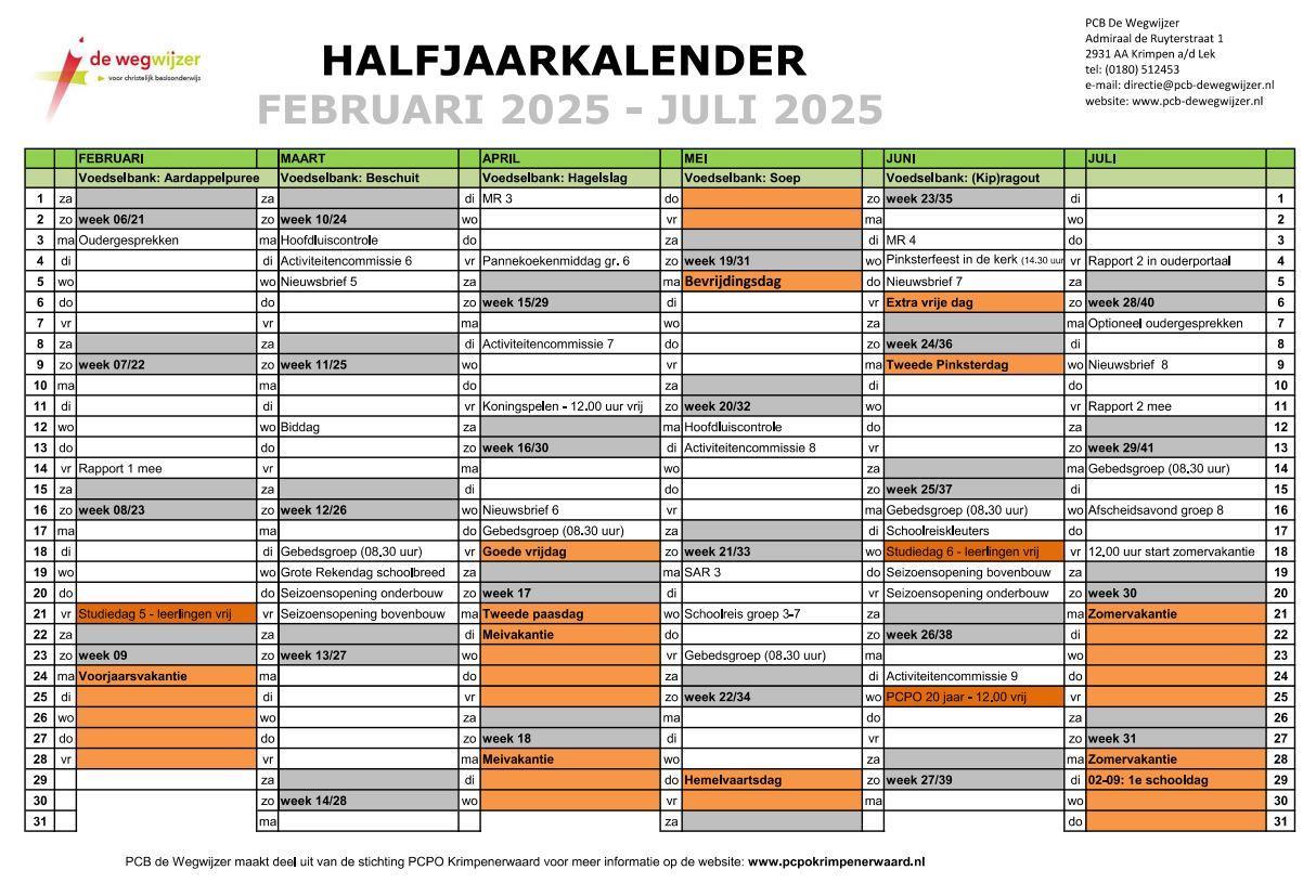 Halfjaarkalender van De Wegwijzer in Krimpen aan de Lek voor februari 2025 tot juli 2025. Halfjaarkalender van De Wegwijzer in Krimpen aan de Lek voor februari 2025 tot juli 2025.