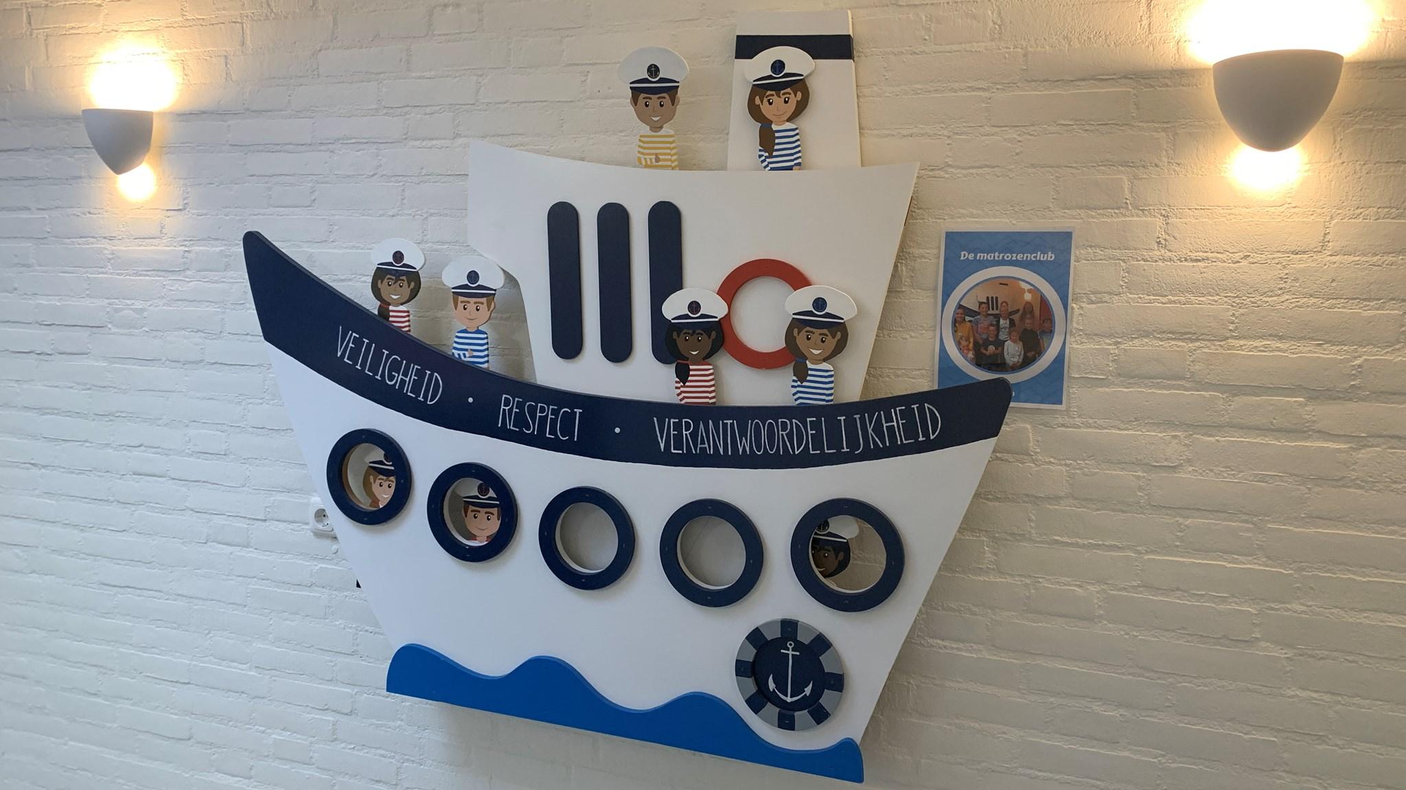 Het decoratieve schip met vrolijke zeelieden benadrukt de waarden van 'veiligheid', 'respect' en 'verantwoordelijkheid' op basisschool De Wegwijzer in Lomm. Het decoratieve schip met vrolijke zeelieden benadrukt de waarden van 'veiligheid', 'respect' en 'verantwoordelijkheid' op basisschool De Wegwijzer in Lomm.