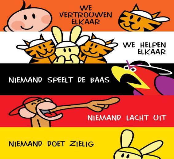 Illustratie met kernwaarden van Christelijke Basisschool De Mandebrink in Appelscha, waarbij samenwerking en respect centraal staan.