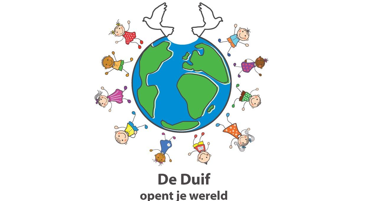 Illustratie van kinderen die de wereld omarmen, afkomstig van CBS De Duif in Spijkenisse. Illustratie van kinderen die de wereld omarmen, afkomstig van CBS De Duif in Spijkenisse.