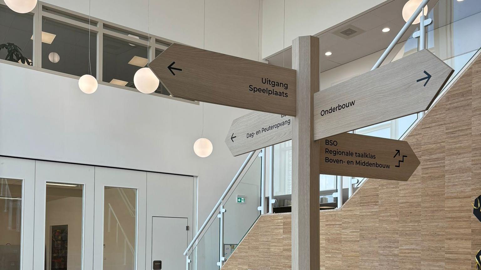In het Kindcentrum 't Loont in Overloon wijst een houten bord de weg naar verschillende ruimtes, waaronder de uitgang naar het schoolplein. In het Kindcentrum 't Loont in Overloon wijst een houten bord de weg naar verschillende ruimtes, waaronder de uitgang naar het schoolplein.