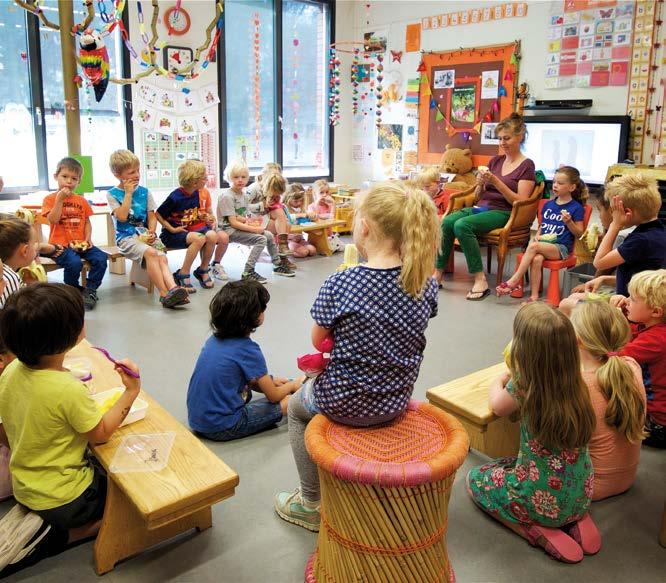 Kinderen in de Lorentzschool in Leiden zitten in een kring voor een interactieve les. Kinderen in de Lorentzschool in Leiden zitten in een kring voor een interactieve les.
