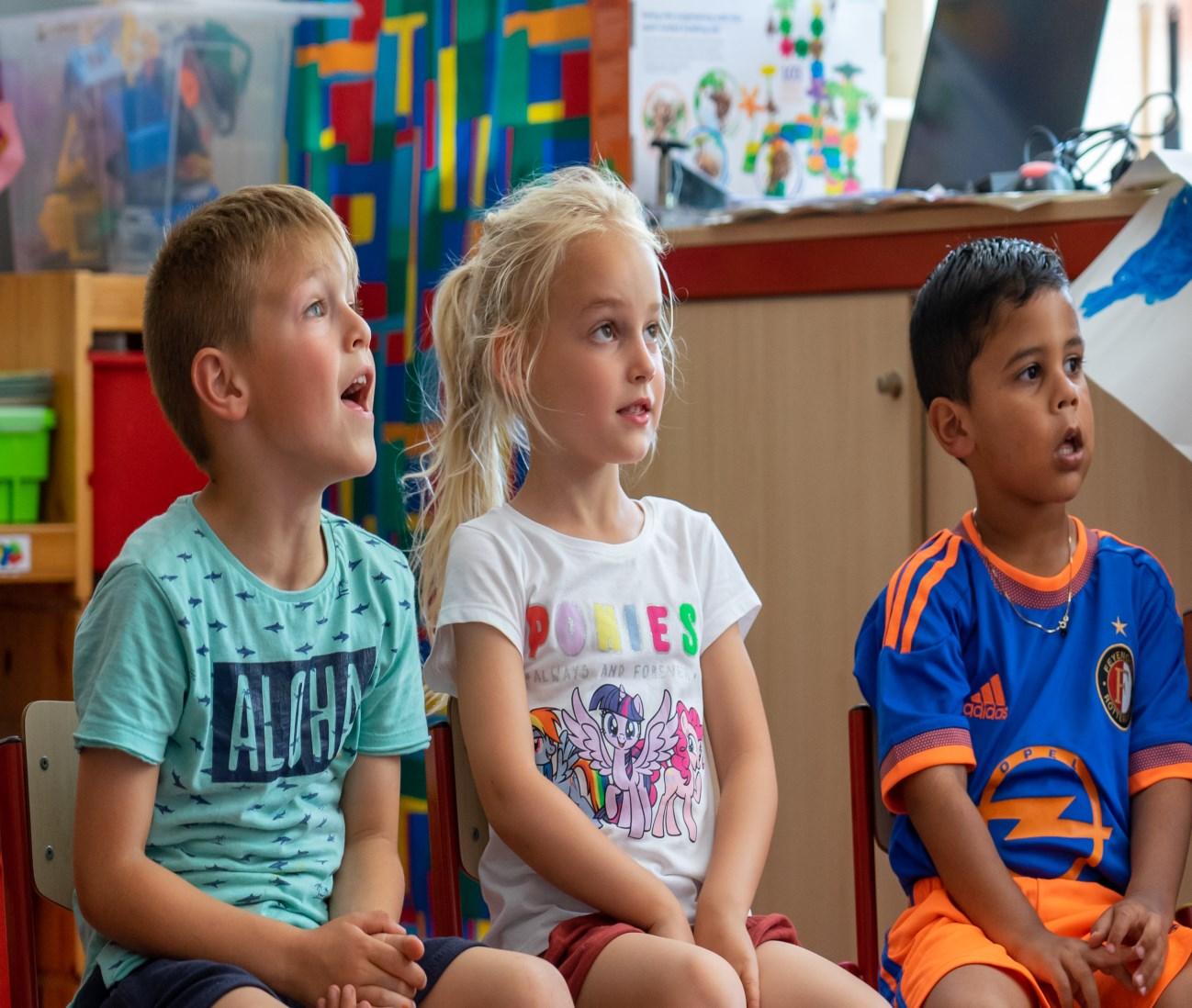 Kinderen luisteren aandachtig tijdens een activiteit op Openbare Basisschool de Cocon in Alkmaar. Kinderen luisteren aandachtig tijdens een activiteit op Openbare Basisschool de Cocon in Alkmaar.